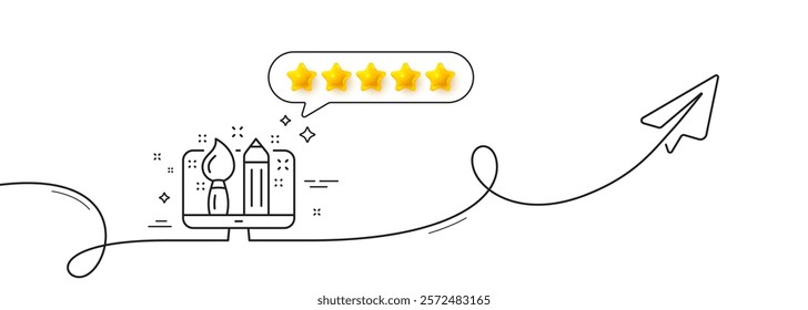 Creative design line icon. Continuous line with share plane. Graphic designer sign. Brush and pencil symbol. Five star rate review in speech bubble. Creative design single line ribbon. Vector