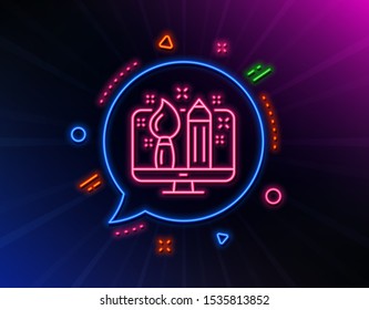 Creative design line icon. Neon laser lights. Graphic designer sign. Brush and pencil symbol. Glow laser speech bubble. Neon lights chat bubble. Banner badge with creative design icon. Vector