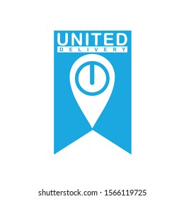 Creative design of location icon with simple typography inside blue ribbon can be used as android application for package delivery business company logo or other promotional material
