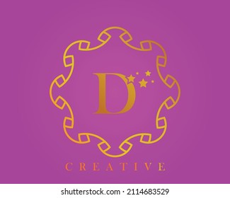 Creative design logo, alphabet D, 5 star letter, label, icon, for packaging, luxury product design. Made with gold on a light purple textured background.