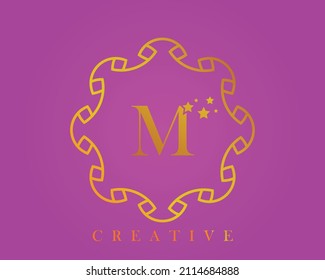 Creative design logo, alphabet M, 5 star letter, label, icon, for packaging, luxury product design. Made with gold on a light purple textured background.
