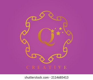 Creative design logo, alphabet Q, 5 star letter, label, icon, for packaging, luxury product design. Made with gold on a light purple textured background.