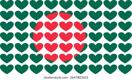 Um design criativo feito de ícones verdes e vermelhos do coração forma a bandeira de Bangladesh, simbolizando amor, patriotismo e unidade em uma representação visualmente artística e simbólica do orgulho nacional.