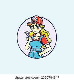 Creative design of a mascot of a pretty and young girl plumber with an adjustable wrench in her hand in cartoon anime style with a cute smile on her beautiful face