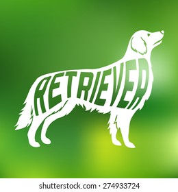 Creative design of name of breed inside dog silhouette on colorful blurred background.