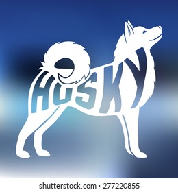 Creative design of name of breed inside dog silhouetteon colorfull blurred background. Vector Illustration.