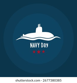 Um design criativo para o dia da marinha com uma silhueta de submarino branco sobre fundo azul escuro com tipografia moderna e estrelas vermelhas adequadas para celebração e ilustração tema militar	