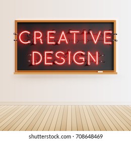 'Creative design' neon sign on blackboard, vector illustration