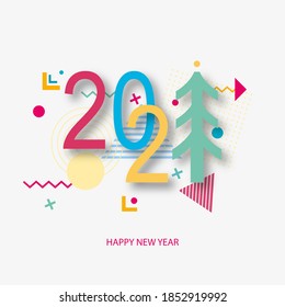 Creative design of a New Year card of 2021 on a modern background. Bright poster in the style of Memphis. Base of geometric elements and color numbers. Vector illustration.