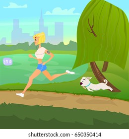 Creative design on the topic of healthy lifestyle. The girl is engaged in sports with the dog outdoors, in a Park, vector illustration