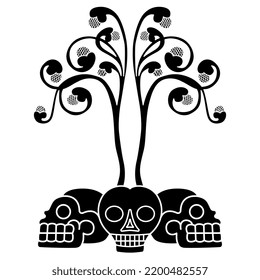 Creative design with ornate trees growing from human skulls. Symbol of death and regeneration. Black and white silhouette.