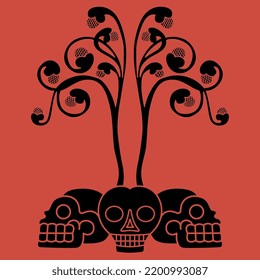 Creative design with ornate trees growing from human skulls. Symbol of death and regeneration. Black and red silhouette.