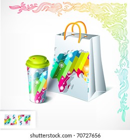 Creative design, paper coffee cup and shopping bag set. Vector isolated on white.