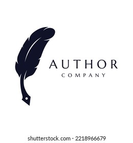 Diseño creativo del logo de la pluma con la píldora hipster para autor o autor, firma.