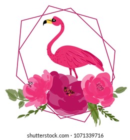  Creative design pink flamingo with peony flower.
