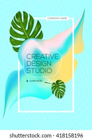 Creative design of poster with bright abstract gradient paint or ink stain and tropical leaf.