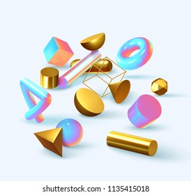Creative design poster, minimal art trendy vector illustration. Abstract background with shapes 3d. Pattern with geometric figures. Realistic isometric elements of design.