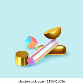 Creative design poster, minimal art trendy vector illustration. Abstract background with shapes 3d. Pattern with geometric figures. Realistic isometric elements of design.
