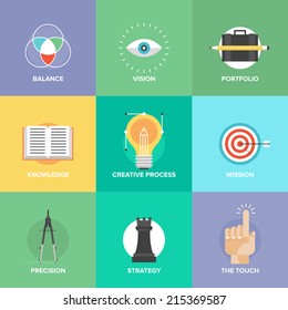 Creative design process concept with web studio development elements, business vision, marketing strategy, smart solution and success ideas. Flat design icons modern style vector illustration set.