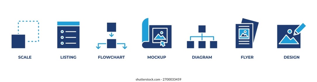 Creative Design ProcessIcons set vector illustration with Scale, Listing, Flowchart, Mockup, Diagram, Flyer, Design
