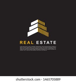 Creative design real estate logo. Building clean concept white and yellow color on black background.