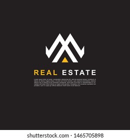 Creative design real estate logo. Building clean concept white and yellow color on black background.
