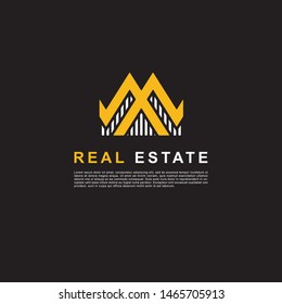 Creative design real estate logo. Building clean concept white and yellow color on black background.