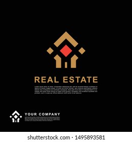 Creative design real estate logo. Building clean concept orange color on black background.