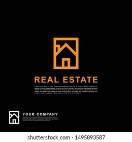 Creative design real estate logo. Building clean concept orange color on black background.