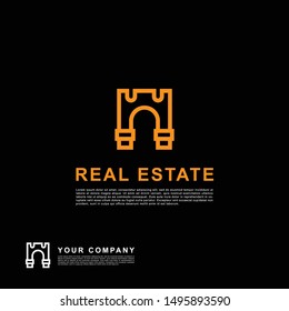 Creative design real estate logo. Building clean concept orange color on black background.