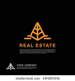 Creative design real estate logo. Building clean concept orange color on black background.