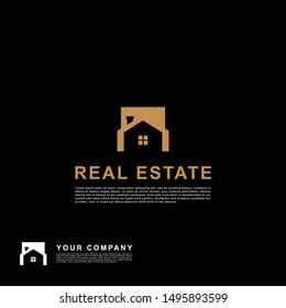 Creative design real estate logo. Building clean concept orange color on black background.