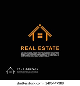 Creative design real estate logo. Building clean concept orange color on black background.