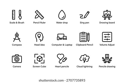 Colección de iconos de herramientas relacionadas con el diseño creativo. dibujo, paletas de colores, edición, pintura, cuadrículas, conjunto de iconos de líneas.
