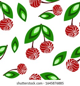 Creative design of ripe cherry with leaves on white background.Food and drink.Backgrounds and textures.