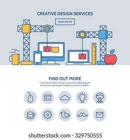 Creative design services website hero image concept. One page website design with flat thin line icons.