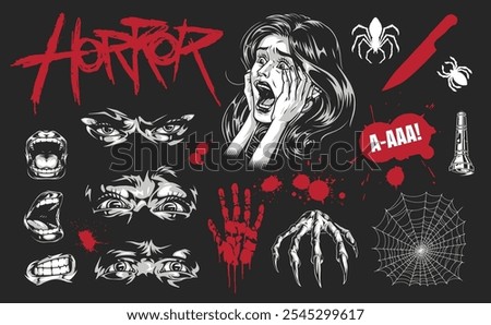 A creative design showcases various horror elements such as screaming faces spiders blood splatters and a frightened woman all in a chilling color scheme perfect for Halloween themes.