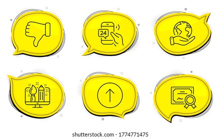 Signo de diseño creativo. Certificado de diploma, salva las burbujas de chat del planeta. No le gusta la mano, desliza y los iconos de línea de servicio de 24 horas. Miniaturas abajo, Pantalla Desplazar, Soporte de llamadas. Diseñador. Conjunto de negocios. Vector
