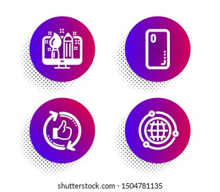 Creative design, Smartphone cover and Refresh like icons simple set. Halftone dots button. Globe sign. Designer, Phone, Thumbs up counter. Internet world. Technology set. Vector