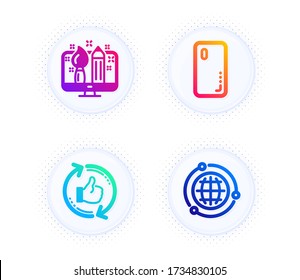 Diseño creativo, portada de Smartphone y Refrescar como iconos conjunto simple. Botón con puntos de semitono. Signo de globo. Diseñador, teléfono, contador de miniaturas. El mundo de Internet. Conjunto de tecnología. Vector