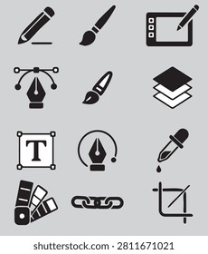 Creative design software interface icons collection. Flat vector elements for artist workspace, graphic designers, UI UX, and digital illustration