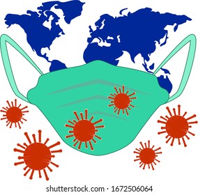 Creative design of the spread of the corona virus disease around the globe and the prevention of it using the face mask.