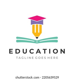 Creative design of student education logo with a sign of a hat, book, pencil or pen. Inspired by graduating students. Logo for universities, education academies and schools.