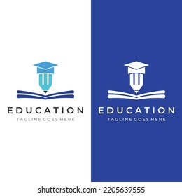 Creative design of student education logo with a sign of a hat, book, pencil or pen. Inspired by graduating students. Logo for universities, education academies and schools.