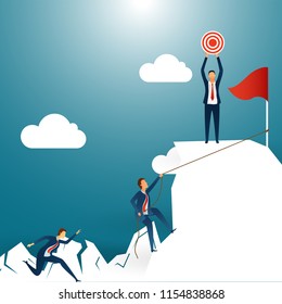 Creative design for success or goal achievement concept, business people running towards their goal, one of them achieve the target on shiny, cloudy mountain background.