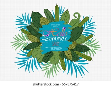 Creative design : Summer sale vector illustration of green floral leaves branch with blue banner on white background. Vector illustration eps. 10
