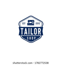 Creative design of tailor shop badge with hexagon frame and text in blue ribbon isolated on white background good for tailor shop theme