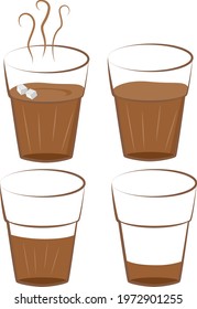 Creative design of the tea glass with the tea in different quantities with sugar cubes.