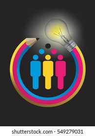 Creative design team concept.
Illustration of twisted pencil with a light bulb and team icon. Vector available.