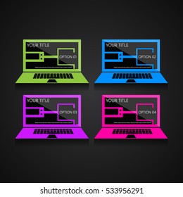 Creative design template, colorful laptops in a dark background with line art numbered banners for news and advertising, EPS10 Vector Illustration.